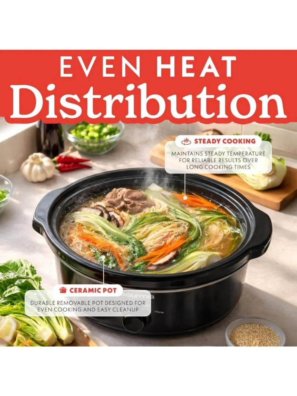 6 Quart Slow Cooker with Removable Ceramic Pot, Manual Controls & 3 Settings